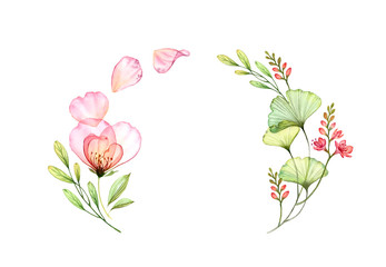 Watercolor transparent rose arch. Colourful floral wreath with flying petals isolated on white. Botanical floral illustrations for wedding invitations, stationery, greeting cards. 