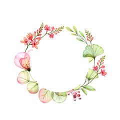 Transparent Rose and freesia watercolor round banner. Colourful flowers and eucalyptus leaves arranged in circular frame. Hand drawn floral illustration for wedding design, greeting cards, lettering
