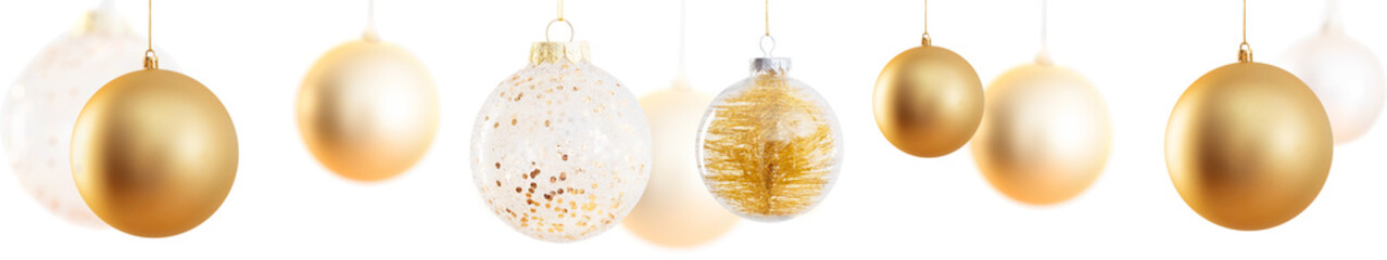 banner with golden Christmas balls isolated on white background