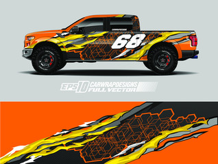 vehicle graphic livery design vector. Graphic abstract stripe racing background designs for wrap cargo van, race car, pickup truk, adventure vehicle.