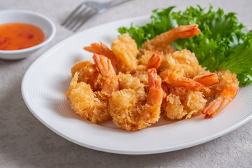 Fried shrimp and vegetable on plate