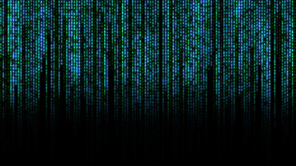 Binary matrix background. Falling sign on dark backdrop. Abstract data concept. Blue and green...