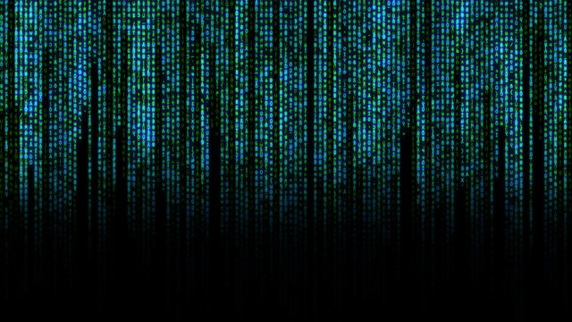 Binary matrix background. Falling sign on dark backdrop. Abstract data concept. Blue and green futuristic cyberspace