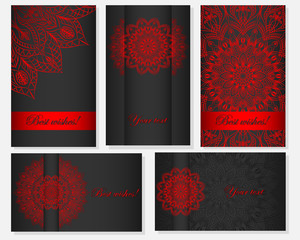 Mandala, oriental ornament, metallic red on a grey background. Luxury vector set of business cards, invitations, postcards, posters. Ethnic design of the model. 