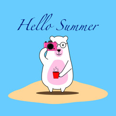 Cute bear holding camera and coffee cup, Hello Summer, Hand draw doodle cartoon style.