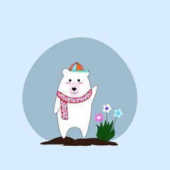 Cute white bear wears a hat and scarf, Summer concept, Hand draw doodle cartoon style.