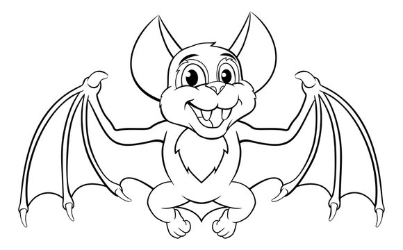 A cute Halloween bat cartoon character in black and white outline, could be used as coloring book page