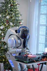 Futuristic picture of robot dj at new year party