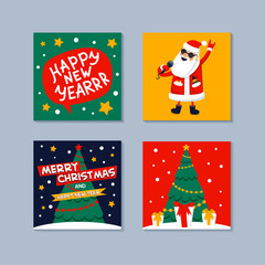 Happy New year mini greeting card. Singing Santa Claus, gifts, christmas tree and happy new year inscription on a speech bubble. Xmas greeting card. Flat style vector illustration