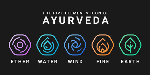 The Five elements icon of Ayurveda with ether water wind fire and earth Line Rounded hexagon icon sign vector design - obrazy, fototapety, plakaty