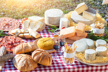 Outside table with typical products of the Bergamo mountains