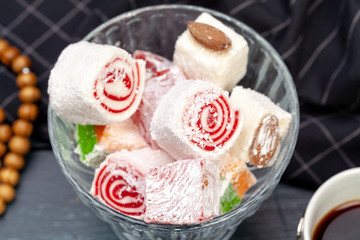 Bowl of traditional turkish lokum close up