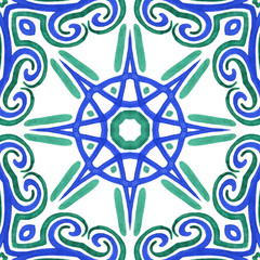 Antique portuguese tiles. Blue Azulejos ceramic. Spanish pottery..Sicily italian majolica. Vintage ethnic background . Mediterranean watercolor seamless wallpaper. Moroccan ornaments in indigo color