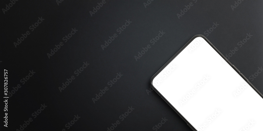 Poster modern mobile phone close-up on black surface. isolated screen for mockup, app presentation. copy sp