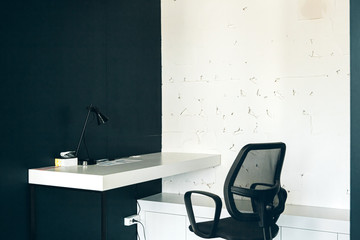 Morning in coworking. Contemporary office interior with furniture