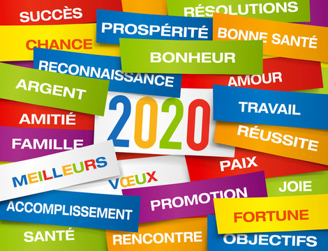 Carte de vœux 2020 montrant une multitude d’étiquettes de couleurs, présentant l’ensemble des vœux à souhaiter pour la nouvelle année.