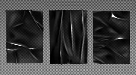 Clear plastic stretched film for wrapping food and protection packaging. Black cellophane adhesive foil material with wrinkles isolated on transparent background