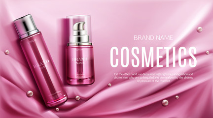 Cosmetics tubes mockup banner, natural beauty cosmetic product for face or body care on pink silk folded glossy textile background with pearls, bottles package design Realistic 3d vector illustration,