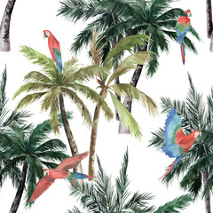 Tropical  seamless pattern with watercolor parrot, palm trees. Jungle summer print. Hand drawn nature illustration