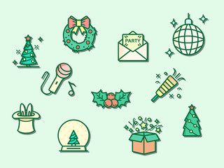 Vector illustration of a holiday and Christmas elements. Contains such as Christmas ornament, gift, firecracker, snow globe and more. Flat illustration style line drawing and background color green.