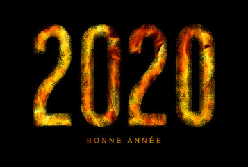 illustration of a happy new year 2020 text in the fire of hell for a catastrophic and apocalyptic theme on a black background