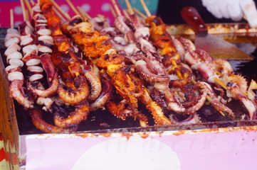Barbecued foods include kebabs and quail eggs