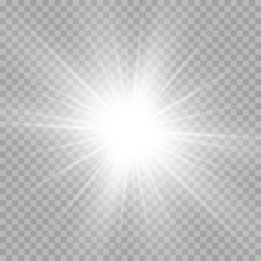  White beautiful light explodes in a transparent explosion. Vector, bright illustration for the perfect effect with sparkles. Bright Star. Transparent glitter shine gradient, bright flash.