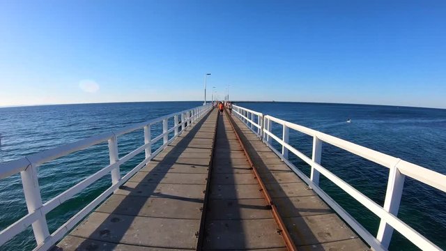 Time Lapse of person POV (Point of view) walking on Busselton jetty train in Busselton city Western Australia