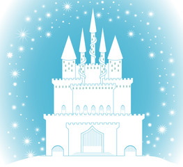 Enchanted castle in the frame of beautiful handwritten snowflakes. Happy New Year and Merry Christmas winter illustration. Vector background