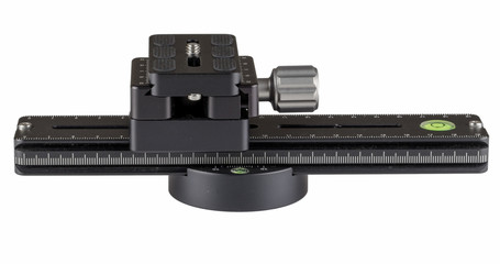 Macro rails sites that can be used to shoot panoramas and rotate the camera around a nodal point, on a white background.