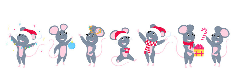 A set of mice. Little mouse. Rats celebrate New Year with a Christmas ball, in a Santa hat, in a scarf, with a gift