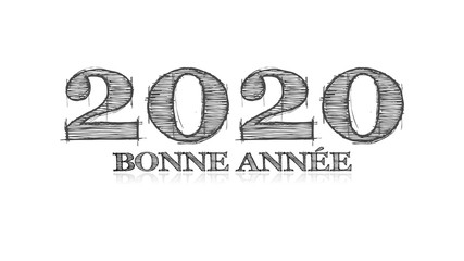 illustration of the artist sketch type wishing a happy new year 2020 with grey text on a white background