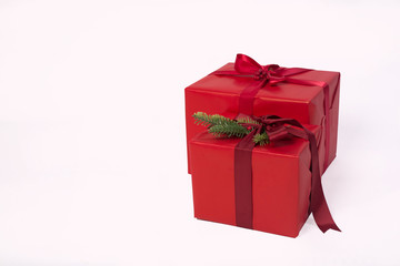 gifts in red packaging isolated white on a background. packed boxes. Place for text