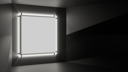Abstract geometry lit by a neon white square lamp