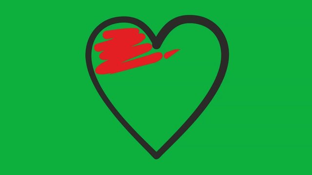 Hand Drawn Animation Of Heart With Red Fill On Green Screen