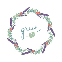 Green leaf wreath on white background. Design for card, poster, postcard, invitations, wedding, birthday party.