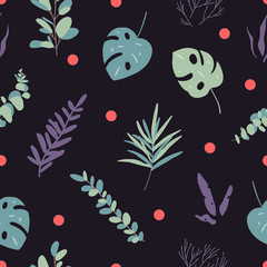 Vector seamless pattern with abstract leaves on a dark blue background. Endless background with leaves and repeat ornament for backgrounds, surface textures, wallpapers, print fills.