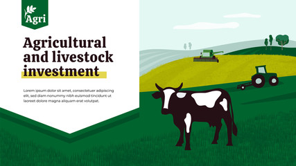 Illustration of agriculture with tractor, combine harvester and cow. Banner of agricultural and livestock investment, technology and development in agri business. Background for print, flyer, ad, web.