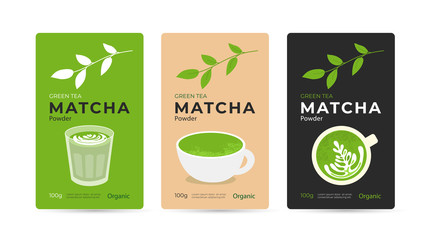 Green tea matcha powder packaging design concept. Set of vector illustrations of healthy organic beverage, сup and glass of drink matcha latte. Branches of tea plant with leaves. Mockup for pack, ad. - obrazy, fototapety, plakaty