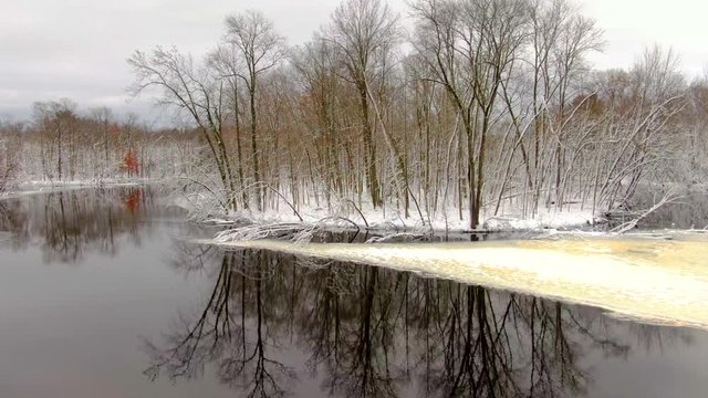 Snow Coated Trees Beside The Peshtigo River Reflected In Dark November Waters.