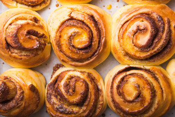 Fresh homemade cinnabon with cinnamon  on parchment on rustic background. top view