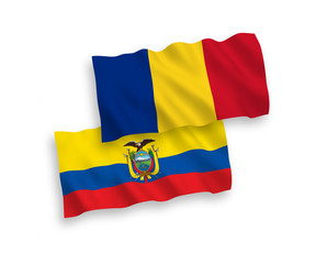 National vector fabric wave flags of Romania and Ecuador isolated on white background. 1 to 2 proportion.