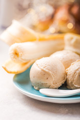 Icecream made of frozen banana. Vegan gelato. Tasty vegetarion concept