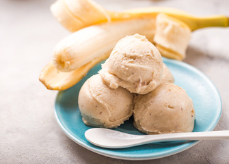 Icecream made of frozen banana. Vegan gelato. Tasty vegetarion concept