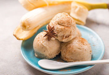 Icecream made of frozen banana. Vegan gelato. Tasty vegetarion concept