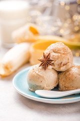 Icecream made of frozen banana. Vegan gelato. Tasty vegetarion concept