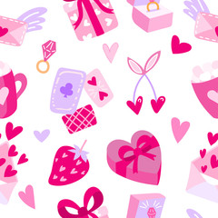 Seamless pattern with hearts and symbols of love. Vector repeating texture Valentine's Day. Background for greeting cards, packaging, design for a holiday, wedding, engagement.