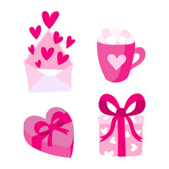Set of vector flat valentine's day illustrations. Background for greeting cards, packaging, design for a holiday, wedding, engagement.