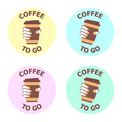 Coffee to go, logotype examples. Flat icon of coffee cup in the hand. Vector illustration with text isolated on the white background. Coffee shop with take away. Business theme, branding