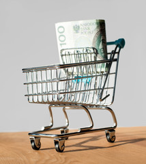 Shopping cart filled with polish zloty - banknotes - currency, money in shopping cart